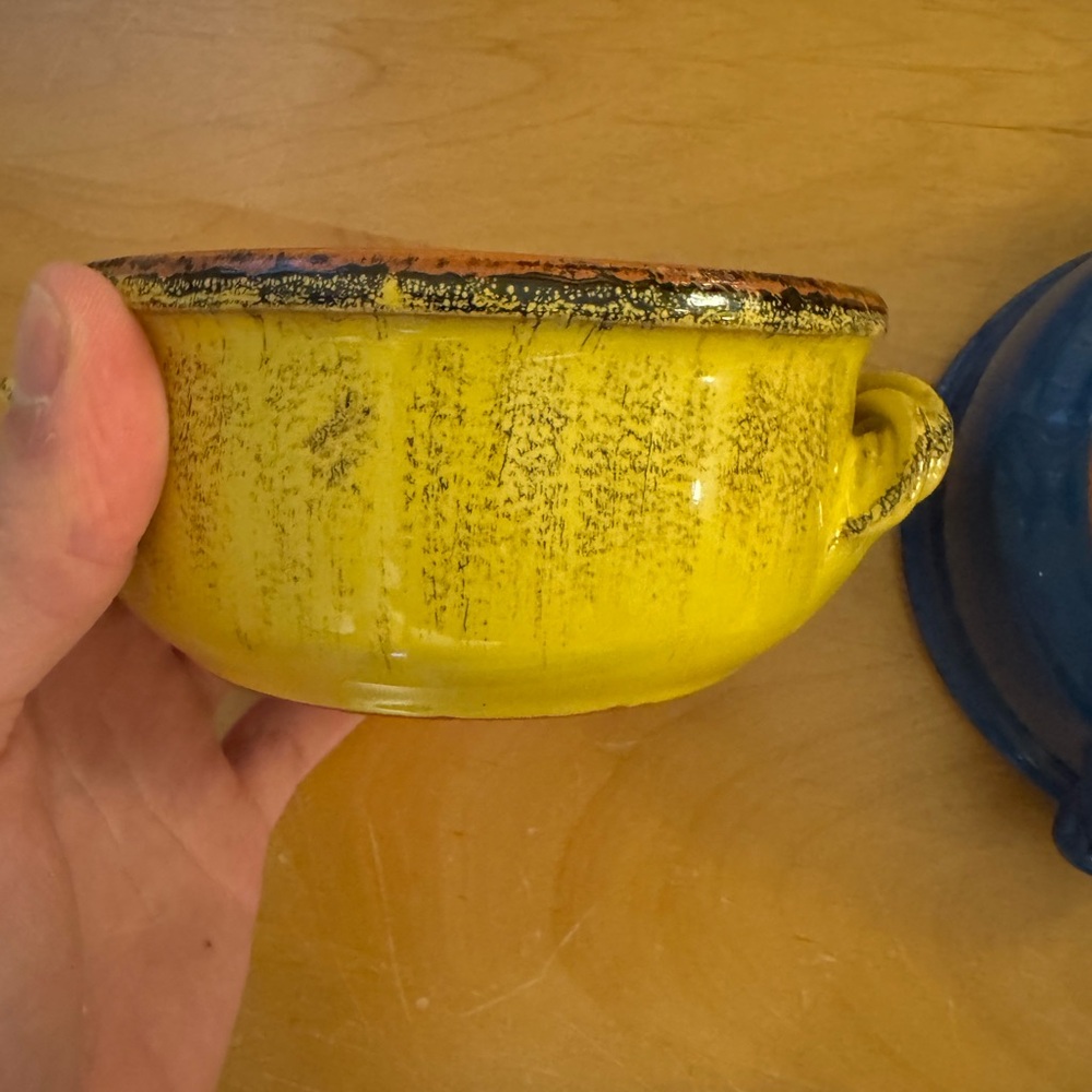 Set of 2 Vintage De Silva Italy Terracotta Soup Bowls - Blue &‎ Yellow